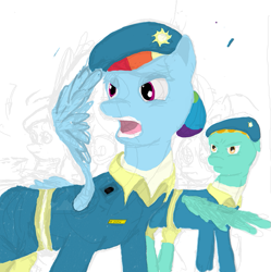 Size: 597x599 | Tagged: safe, artist:ponescribbles, lightning dust, rainbow dash, pegasus, pony, beret, clothes, salute, uniform