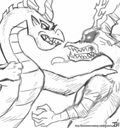 Size: 748x800 | Tagged: safe, artist:johnjoseco, discord, spike, dragon, kaiju, .mov, adult spike, fight, grayscale, male, monochrome, older, spikezilla