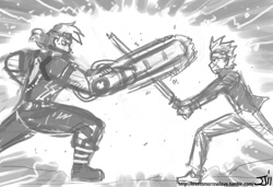 Size: 1100x753 | Tagged: safe, artist:johnjoseco, big macintosh, spike, human, duo, duo male, fight, grayscale, humanized, jack cayman, madworld, male, monochrome, no more heroes, travis touchdown