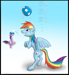 Size: 1065x1152 | Tagged: safe, artist:dreigun, rainbow dash, twilight sparkle, pegasus, pony, ball, bouncing, deflated, deflation, horn, juggling, puncture