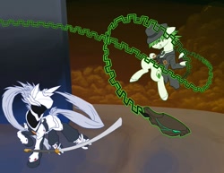 Size: 1280x987 | Tagged: safe, artist:bluepointmitzi, blazblue, fight, hakumen, hazama, ponified