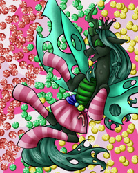 Size: 2000x2500 | Tagged: safe, artist:secretsheik, queen chrysalis, changeling, changeling queen, candy, clothes, eyes closed, fangs, female, skirt, smiling, socks, solo, striped socks