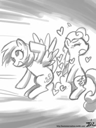 Size: 610x813 | Tagged: safe, artist:johnjoseco, carrot top, derpy hooves, golden harvest, pegasus, pony, crossover, derpytop, female, fight, grayscale, heart, lesbian, mare, monochrome, plot, reference, shipping, super smash bros.