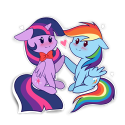 Size: 1024x1024 | Tagged: safe, artist:sugguk, rainbow dash, twilight sparkle, twilight sparkle (alicorn), alicorn, pegasus, pony, blushing, bowtie, cute, female, heart, lesbian, mare, shipping, simple background, smiling, transparent background, twidash