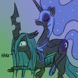 Size: 1000x1000 | Tagged: safe, artist:azurek, nightmare moon, queen chrysalis, changeling, changeling queen, ponies riding changelings, ponies riding ponies, riding