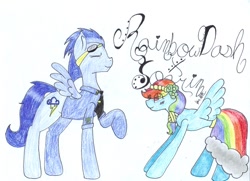 Size: 1024x741 | Tagged: safe, artist:xxclaystarxx, rainbow dash, soarin', pegasus, pony, female, male, shipping, soarindash, straight, traditional art, wonderbolts dress uniform