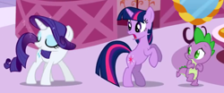 Size: 804x335 | Tagged: safe, derpibooru import, screencap, rarity, spike, twilight sparkle, dragon, pony, unicorn, great moments in animation