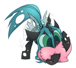 Size: 1045x937 | Tagged: safe, artist:kelcasual, queen chrysalis, changeling, changeling queen, chibi, cute, cutealis, heart, nom, simple background, solo, white background