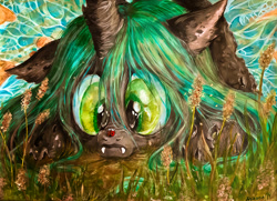 Size: 1000x723 | Tagged: safe, artist:arnne, queen chrysalis, changeling, changeling queen, ladybug, grass, insect on nose, prone, solo, traditional art