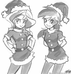 Size: 833x862 | Tagged: safe, artist:johnjoseco, rainbow dash, sunset shimmer, human, christmas, clothes, costume, grayscale, humanized, monochrome, pantyhose, santa costume