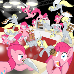 Size: 955x964 | Tagged: safe, artist:shutterflye, derpibooru import, derpy hooves, pinkie pie, earth pony, pegasus, pony, cupcakes vs muffins, eye scream, female, fight, knife, mare, muffin, multeity, pinkamena diane pie, this will end in pain, too much pink energy is dangerous