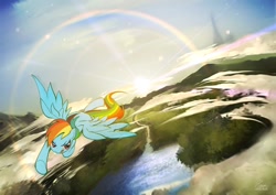 Size: 800x566 | Tagged: safe, artist:koyoimitsuki, rainbow dash, pegasus, pony, blue coat, female, flying, mare, multicolored mane, solo