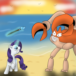 Size: 1600x1600 | Tagged: safe, artist:thexiiilightning, derpibooru import, rarity, pony, unicorn, beach, crossover, duo, female, fight, giant crab, krabby, magic, magic aura, mare, meme origin, pokémon, rarity fighting a giant crab, spear, sunset, telekinesis, weapon