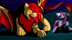 Size: 1100x621 | Tagged: safe, artist:jinyaranda, manny roar, twilight sparkle, manticore, fight, magic