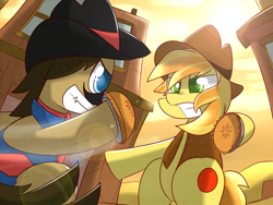 Size: 1600x1200 | Tagged: safe, artist:kty159, braeburn, sheriff silverstar, apple pie, fight, food fight, pie