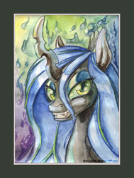 Size: 905x1200 | Tagged: safe, artist:lexx2dot0, queen chrysalis, changeling, changeling queen, bust, portrait, solo, traditional art, watercolor painting