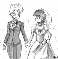Size: 833x862 | Tagged: safe, artist:johnjoseco, rainbow dash, spitfire, human, clothes, dress, female, grayscale, humanized, lesbian, looking at each other, monochrome, shipping, signature, spitdash, traditional art, tuxedo, wedding, wedding dress