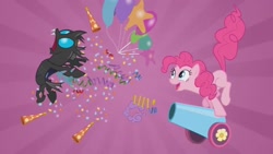 Size: 853x480 | Tagged: safe, derpibooru import, screencap, pinkie pie, changeling, earth pony, pony, a canterlot wedding, blank flank, fight, party cannon