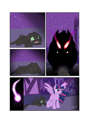 Size: 1024x1408 | Tagged: safe, artist:capricorn-the-dragon, twilight sparkle, twilight sparkle (alicorn), alicorn, dragon, pony, beast, comic, crossover, female, fight, how to train your dragon, mare, night fury