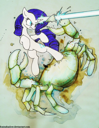 Size: 600x775 | Tagged: safe, artist:foxinshadow, derpibooru import, rarity, crab, pony, unicorn, blast, fight, magic, magic beam, magic blast, rarity fighting a giant crab, traditional art