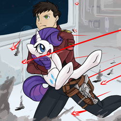 Size: 1750x1750 | Tagged: safe, artist:bigbuxart, derpibooru import, rarity, oc, human, blaster, fanfic, fanfic art, fight, gun, laser, running, smuggler, star wars