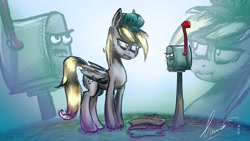 Size: 1191x670 | Tagged: safe, artist:alumx, derpy hooves, pegasus, pony, female, fight, mailbox, mare, wat, zoom layer