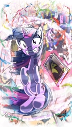 Size: 1080x1920 | Tagged: safe, artist:yoka-the-changeling, twilight sparkle, fighting is magic, action pose, book, clone, fight, magic, mirror match, solo