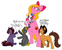 Size: 918x750 | Tagged: safe, artist:athousandknives, oc, oc only, oc:blackberry tart, oc:charmer, oc:cynical pink, oc:death metal, oc:varsel, earth pony, pegasus, pony, unicorn, zebracorn, family, fight, glasses, hat, mom, mother's day, swag