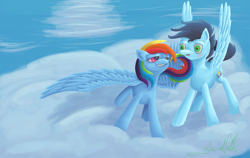 Size: 1500x946 | Tagged: safe, artist:glacialfalls, rainbow dash, soarin', pegasus, pony, cloud, cloudy, female, male, shipping, soarindash, stoned, straight, tail seduce