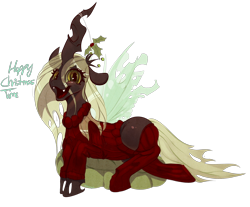Size: 1280x1062 | Tagged: safe, artist:carligercarl, queen chrysalis, changeling, changeling queen, brown changeling, christmas, christmas changeling, clothes, female, holly, holly mistaken for mistletoe, horn, pillow, socks, solo, sweater, wings