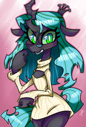 Size: 615x909 | Tagged: safe, artist:kaliptro, queen chrysalis, anthro, changeling, changeling queen, bipedal, blushing, clothes, keyhole turtleneck, looking at you, open-chest sweater, shirt, solo, sweater, turtleneck