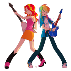 Size: 1280x1280 | Tagged: safe, artist:magneticskye, rainbow dash, sunset shimmer, human, equestria girls, rainbow rocks, converse, duo, guitar, humanized, sunset shredder, wink