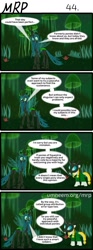 Size: 800x2153 | Tagged: safe, artist:umneem, queen chrysalis, oc, oc:dispersion, changeling, changeling queen, pony, unicorn, comic:my rational pony, 4koma, comic, disguise, mask