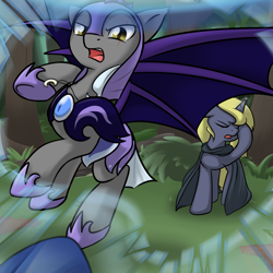 Size: 1000x1000 | Tagged: safe, artist:theparagon, oc, oc:moonshroud, bat pony, pony, fight, hunted luna, magic, night guard, pov