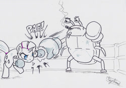 Size: 1500x1041 | Tagged: safe, artist:keyframe, derpibooru import, rarity, crab, pony, unicorn, boxing, cigar, fight, rarity fighting a giant crab