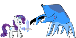 Size: 1423x721 | Tagged: safe, artist:kogafangirl4life, derpibooru import, rarity, crab, pony, unicorn, fight, rarity fighting a giant crab, sword