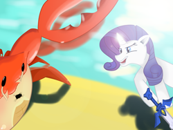 Size: 1024x768 | Tagged: safe, artist:et9977, derpibooru import, rarity, crab, pony, unicorn, beach, fight, master sword, rarity fighting a giant crab, sword, the legend of zelda