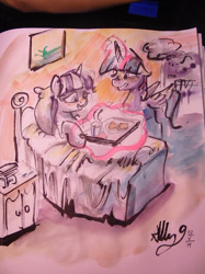 Size: 500x667 | Tagged: artist needed, safe, twilight sparkle, twilight sparkle (alicorn), twilight velvet, alicorn, pony, 30 minute art challenge, breakfast in bed, female, mare, mother's day, smoke, traditional art, watercolor painting