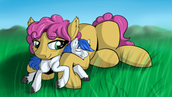 Size: 1000x566 | Tagged: safe, artist:jinyaranda, oc, oc only, colt, cuddling, cute, eyes closed, female, fluffy, hug, male, mother, mother and child, mother and son, mother's day, parent and child, prone, smiling, snuggling, unshorn fetlocks