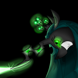 Size: 2048x2048 | Tagged: safe, artist:briarspark, queen chrysalis, changeling, changeling queen, angry, glowing eyes, glowing horn, grin, magic blast, pixiv, profile, sharp horn, solo
