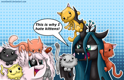 Size: 1850x1200 | Tagged: safe, artist:neoncel, queen chrysalis, oc, oc:fluffle puff, cat, changeling, changeling queen, pony, abstract background, female, kitten