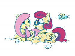 Size: 1280x960 | Tagged: safe, artist:flutterluv, derpibooru import, fluttershy, posey shy, zephyr breeze, pegasus, pony, cloud, looking at each other, mother's day, prone, simple background, smiling, talking, trio, white background