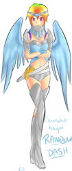 Size: 645x1540 | Tagged: safe, artist:libragrey, rainbow dash, human, armor, belly button, humanized, midriff, solo, sword, unconvincing armor, winged humanization