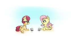 Size: 900x600 | Tagged: safe, artist:blastdown, derpibooru import, fluttershy, posey shy, pegasus, pony, cup, duo, female, food, looking at each other, mother and child, mother and daughter, mother's day, parent and child, prone, simple background, talking, tea, teacup