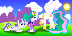 Size: 2502x1250 | Tagged: safe, artist:spellboundcanvas, princess celestia, twilight sparkle, twilight velvet, alicorn, pony, cute, diaper, female, filly, filly twilight sparkle, foal, mare, momlestia, mother and child, mother and daughter, mother's day, parent and child, younger