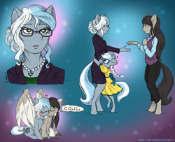 Size: 1300x1058 | Tagged: safe, artist:kaemantis, octavia melody, silver spoon, oc, oc:octavia's mother, oc:sand dollar, oc:silver sonnet, anthro, unguligrade anthro, blushing, clothes, dress, eyes closed, female, glasses, headcanon, heart, hug, jewelry, mother and child, mother and daughter, mother's day, music notes, necklace, offspring, one eye closed, parent and child, pearl necklace, shirt, sitting, smiling, vest