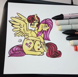 Size: 1134x1113 | Tagged: safe, artist:dawntheartsyfuk, derpibooru import, fluttershy, posey shy, pegasus, pony, comforting, crying, duo, eyes closed, female, hug, mother and child, mother and daughter, mother's day, parent and child, profile, sitting, spread wings, teary eyes, traditional art, wings