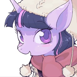 Size: 744x744 | Tagged: safe, artist:moyamoya kuroi, derpibooru import, twilight sparkle, clothes, hat, looking at you, profile, scarf, solo