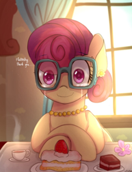 Size: 626x809 | Tagged: dead source, safe, artist:whiskyice, posey shy, pegasus, pony, cake, crying, cup, curtains, female, flower, food, glasses, implied fluttershy, jewelry, mother's day, plate, solo, tea, tears of joy, wide eyes, window