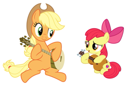 Size: 901x618 | Tagged: safe, derpibooru import, apple bloom, applejack, earth pony, pony, guitar, implied pear butter, memories, mother's day, remembrance